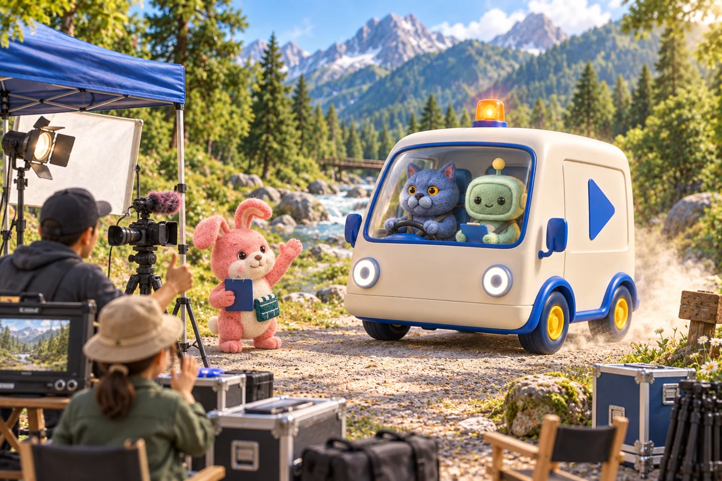 山あいのロケ現場へ向かうレスキュー車のイラスト
