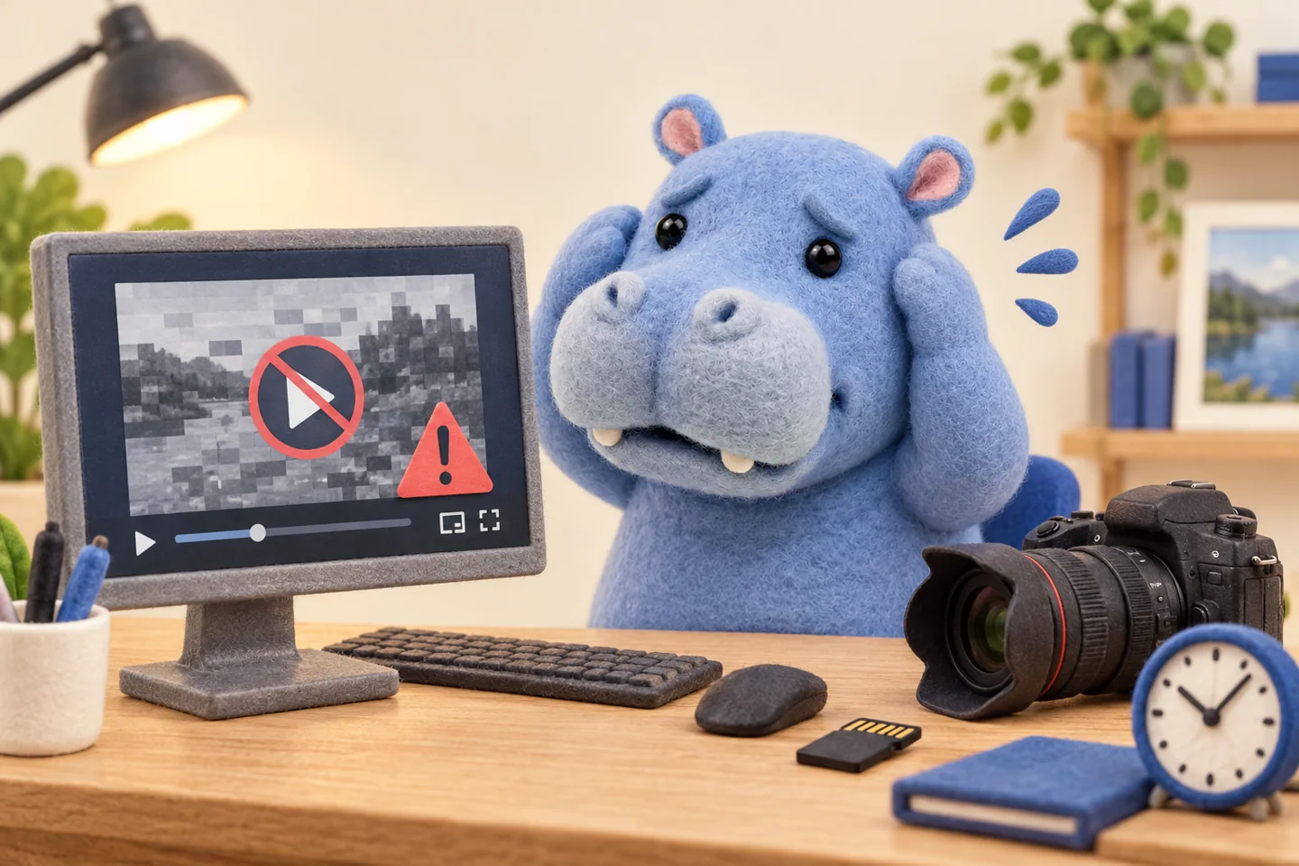 撮影した動画が開けず、エラー画面を前に頭を抱える青いフェルトのカバ