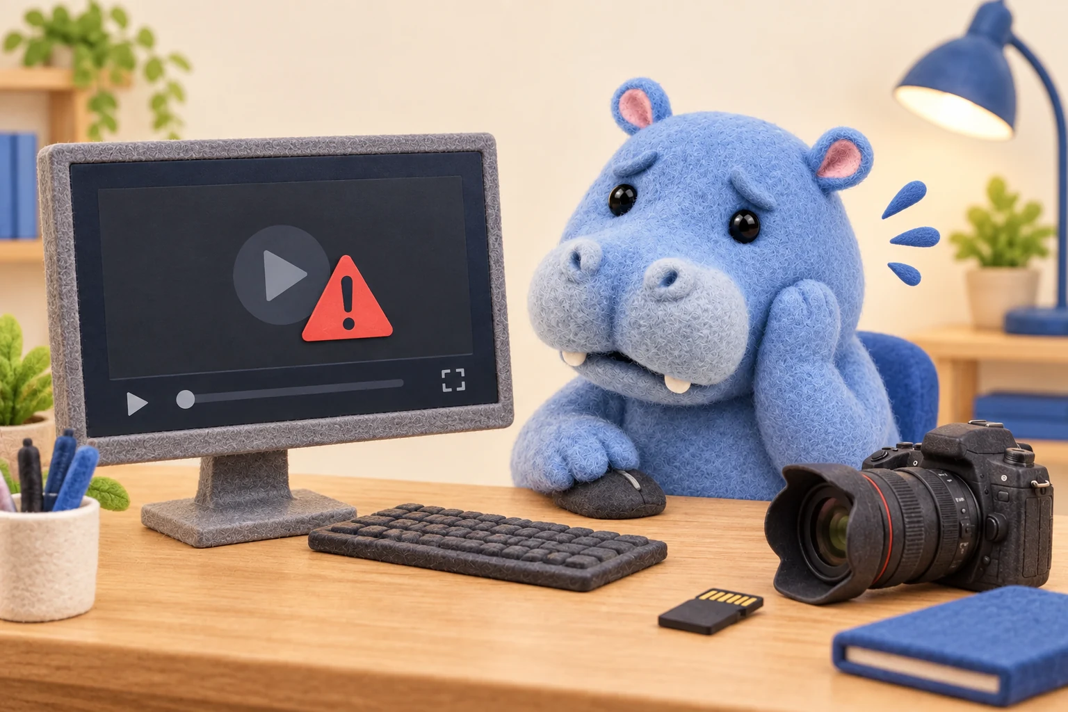 撮影した動画が再生できず、パソコンのエラー表示を見て困る青いフェルトのカバ。机にはカメラとSDカード。