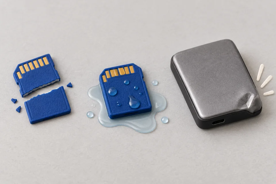 折れたSDカード、水没したカード、落下して破損したHDDの例