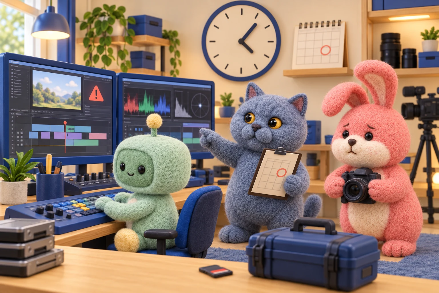 編集室で動画の修復に取り組み、納期に向き合うさくらとロボとうさぎ